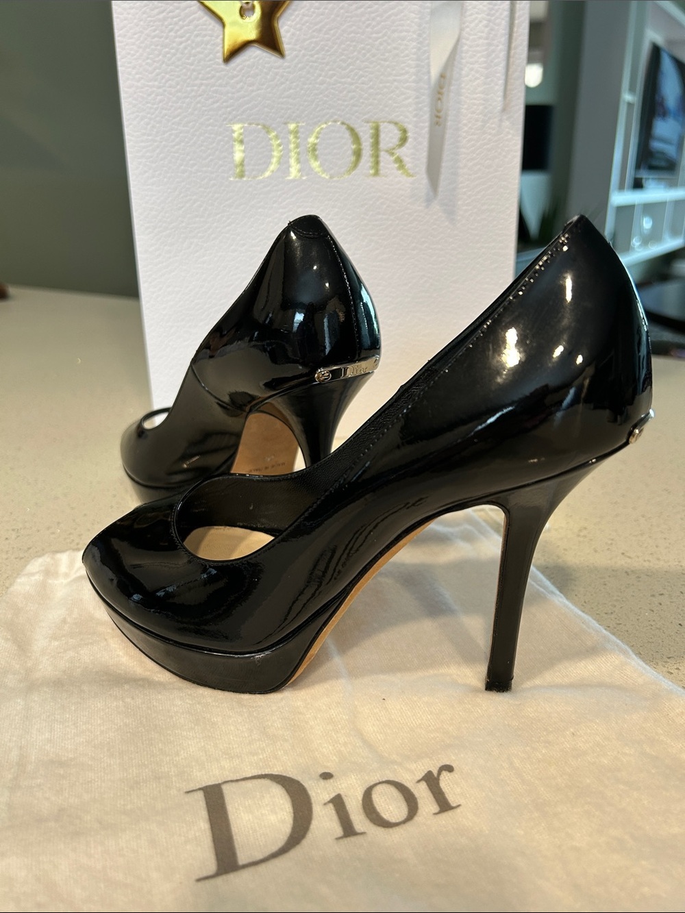 Christian Dior Black Patent Peep Toe Platform Pumps Heels EU 36 Dust Bag - Picture 12 of 14